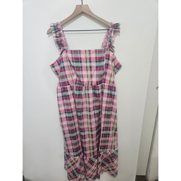 torrid Dresses & Skirts - Torrid Pink Green Plaid Ruffle Strap Smocked Tiered Midi Dress Pockets Size 1